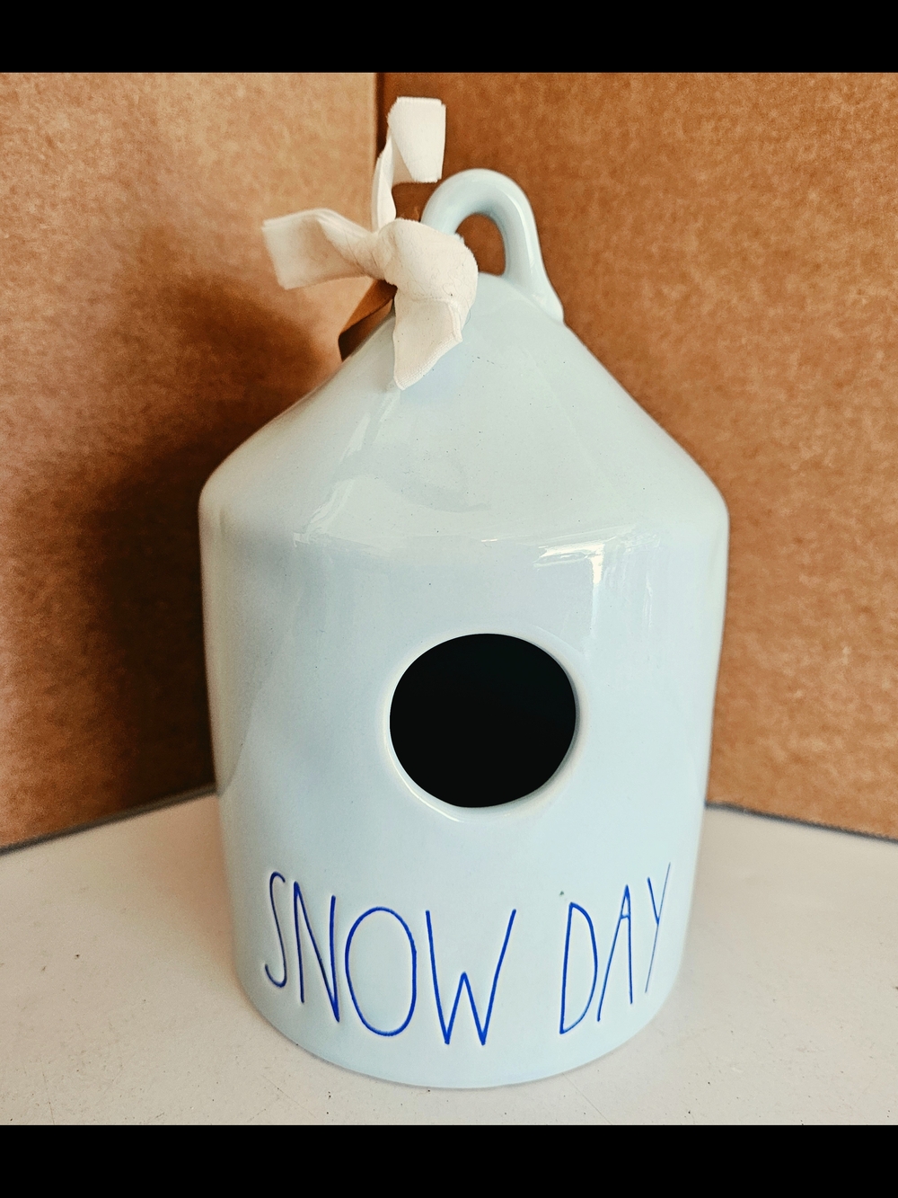 Light Blue Ceramic Rea Dunn Birdhouse with 'SNOW DAY' Lettering